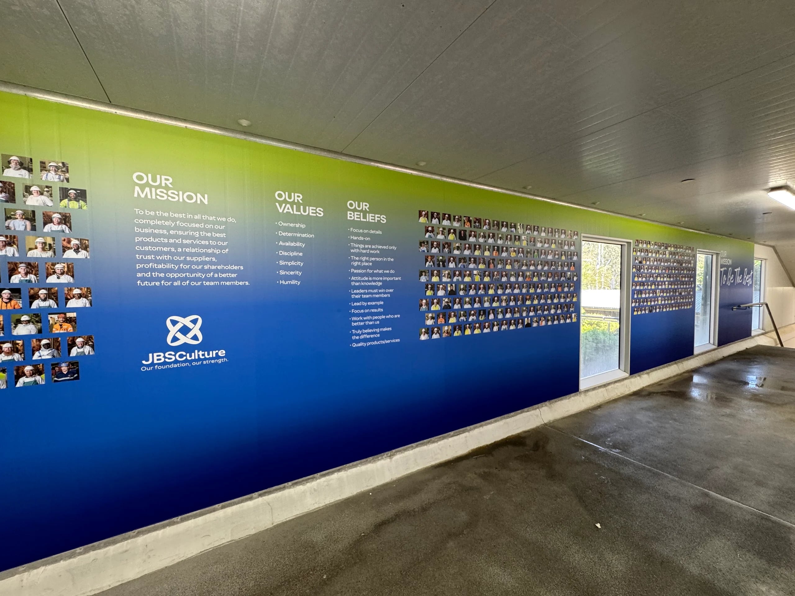 Full-length JBS culture wall at JBS Dinmore QLD